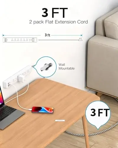 2 Pack Power Strip, Extension Cord 3FT, Surge Protector with 6 Outlets and 4 USB Ports (2 USB C), Flat Plug Overload Protection, Extension Cord with Multiple Outlets, Wall Mount for Home Dorm College - 4