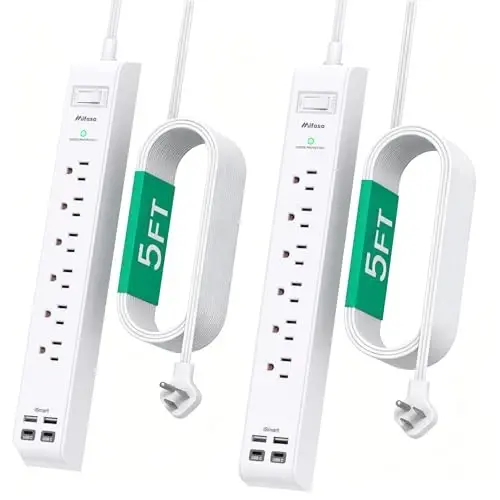 2 Pack Power Strip, Extension Cord 5FT, Surge Protector with 6 Outlets and 4 USB Ports (2 USB C), Flat Plug Overload Protection, Extension Cord with Multiple Outlets, Wall Mount for Home Dorm College - MIFASO