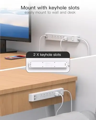 2 Pack Power Strip Surge Protector, 15FT Long Extension Cord, Surge Protector with 6 Outlets and 4 USB Charging Ports(2 USB C), Flat Plug Overload Protection, Wall Mount for Home Office Dorm College - 5