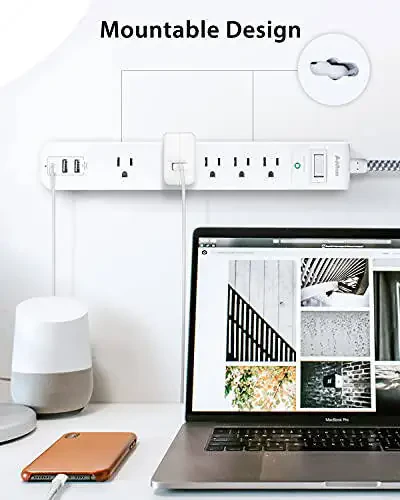 2 Pack Power Strip Surge Protector - 5 Widely Spaced Outlets 3 USB Charging Ports, 1875W/15A with 5Ft Braided Extension Cord, Flat Plug, Overload Surge Protection, Wall Mount for Home Office,White - 6