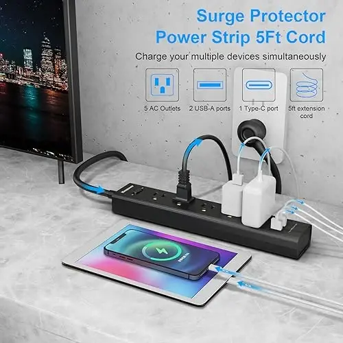 2 Pack Power Strip Surge Protector-5 Widely Spaced Outlets 3 USB Ports(1 USB C Port),1250W/10A with 5Ft Extension Cord, Power Strips with Surge Protection, Wall Mount for Home Office,Black - IECOPOWER (1)