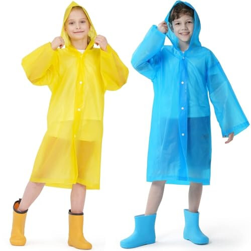 2 Pack Raincoats for Kids, Reusable Rain Ponchos with Hood and Sleeves Waterproof Rain Coats for Boys and Girls - 1