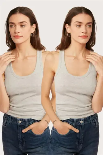 2-Pack серых женских топов с эффектом корсета и толстыми лямками - 1