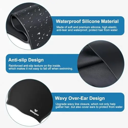2 Pack Silicone Swim Cap for Men Women, Unisex Adult Swimming Caps for Short/Long Hair to Keep Hair Dry, Waterproof Bathing Caps for Swimming with Ear Plugs & Nose Clip Set - WINSYNE (1)