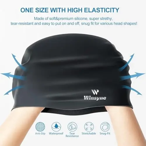 2 Pack Silicone Swim Cap for Men Women, Unisex Adult Swimming Caps for Short/Long Hair to Keep Hair Dry, Waterproof Bathing Caps for Swimming with Ear Plugs & Nose Clip Set - 4