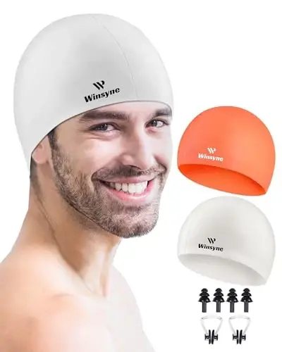 2 Pack Silicone Swim Cap for Men Women, Unisex Adult Swimming Caps for Short/Long Hair to Keep Hair Dry, Waterproof Bathing Caps for Swimming with Ear Plugs & Nose Clip Set - WINSYNE