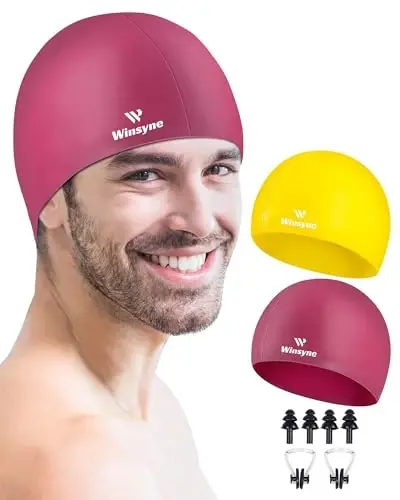 2 Pack Silicone Swim Cap for Men Women, Unisex Adult Swimming Caps for Short/Long Hair to Keep Hair Dry, Waterproof Bathing Caps for Swimming with Ear Plugs & Nose Clip Set - WINSYNE