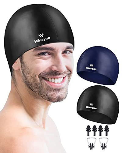 2 Pack Silicone Swim Cap for Men Women, Unisex Adult Swimming Caps for Short/Long Hair to Keep Hair Dry, Waterproof Bathing Caps for Swimming with Ear Plugs & Nose Clip Set - 1