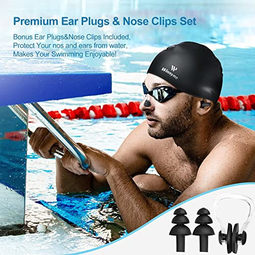 2 Pack Silicone Swim Cap for Men Women, Unisex Adult Swimming Caps for Short/Long Hair to Keep Hair Dry, Waterproof Bathing Caps for Swimming with Ear Plugs & Nose Clip Set - 7