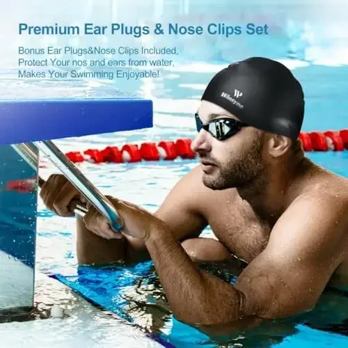 2 Pack Silicone Swim Cap for Men Women, Unisex Adult Swimming Caps for Short/Long Hair to Keep Hair Dry, Waterproof Bathing Caps for Swimming with Ear Plugs & Nose Clip Set - 7