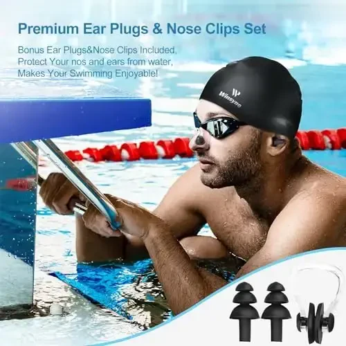 2 Pack Silicone Swim Cap for Men Women, Unisex Adult Swimming Caps for Short/Long Hair to Keep Hair Dry, Waterproof Bathing Caps for Swimming with Ear Plugs & Nose Clip Set - 7