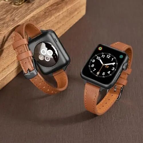 2-pack Slim Leather Band Compatible with Apple Watch Bands for women | Top Genuine Leather Wristband,Slim Thin Strap for iWatch SE Series 11/10/9/8/7/6/5/4/3/2/1,38/40/41/42/44/45/46mm - 2-Pack (1)