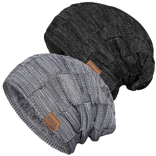 2 Pack Slouchy Beanie Winter Hats for Men and Women, Thick Warm Oversized Knit Cap - 1