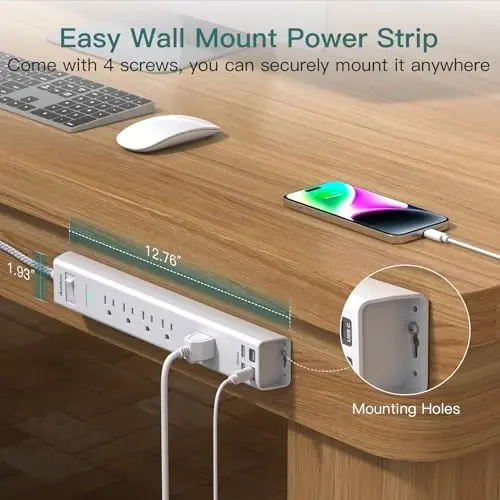 2 Pack Surge Protector Power Strip -10ft Extension Cord, 5 Outlets 4 USB | 2 USB C Charging Ports, 1875W/15A, Flat Plug, 1080J Overload Protection Wall Mount for Home Office Dorm Room Essentials - 5