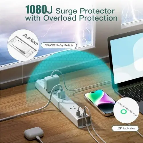 2 Pack Surge Protector Power Strip -15ft Extension Cord, 5 Outlets 4 USB | 2 USB C Charging Ports, 1875W/15A, Flat Plug, 1080J Overload Protection Wall Mount for Home Office Dorm Room Essentials - 6