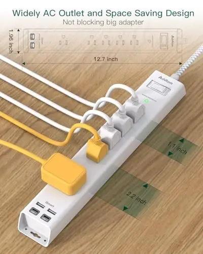 2 Pack Surge Protector Power Strip -5ft Extension Cord, 5 Outlets 4 USB | 2 USB C Charging Ports, 1875W/15A, Flat Plug, 1080J Overload Protection Wall Mount for Home Office Dorm Room Essentials - Addtam (1)