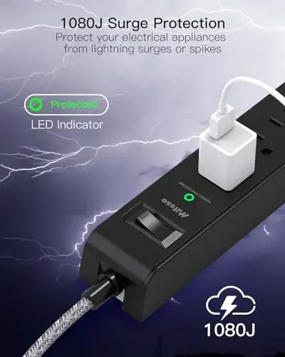 2 Pack Surge Protector Power Strip, 6 Outlets 4 USB Charging Ports, 12Ft Braided Extension Cord, Slim Flat Plug, Wall Mount, Desk Accessories, Home Office Essentials - 5