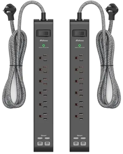 2 Pack Surge Protector Power Strip - 6 Outlets 4 USB Charging Ports, 5Ft Braided Extension Cord, Slim Flat Plug, Overload Protection, Wall Mount for Home Office, Dorm Room Essentials 