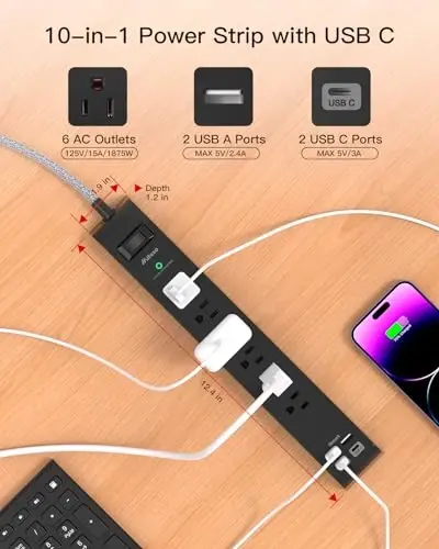 2 Pack Surge Protector Power Strip - 6 Outlets 4 USB Charging Ports, 5Ft Braided Extension Cord, Slim Flat Plug, Overload Protection, Wall Mount for Home Office, Dorm Room Essentials - 2