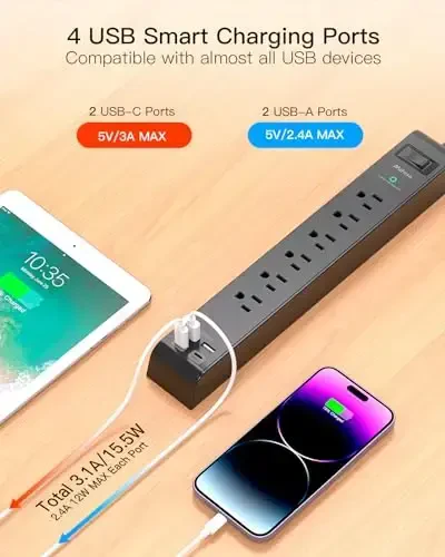 2 Pack Surge Protector Power Strip - 6 Outlets 4 USB Charging Ports, 5Ft Braided Extension Cord, Slim Flat Plug, Overload Protection, Wall Mount for Home Office, Dorm Room Essentials - 4