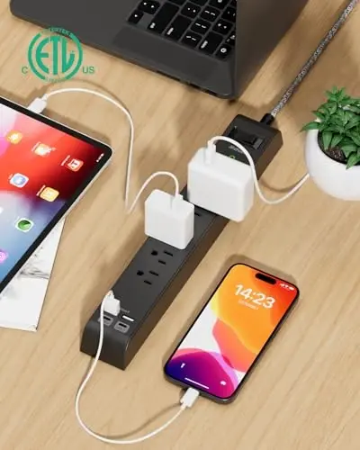 2 Pack Surge Protector Power Strip with 6 Outlets 4 USB Ports (2 USB C) 5-Foot Extension Cord Flat Plug 900 Joules 15A Circuit Breaker Wall Mount Desk USB Charging Station for Home Office - 3