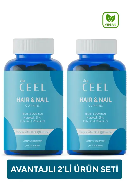 2-Pack Vegan Hair & Nail Vitamin Chewy Gummy Biotin 5000, Vitamin D, Folic Acid, Horsetail - VITACEEL