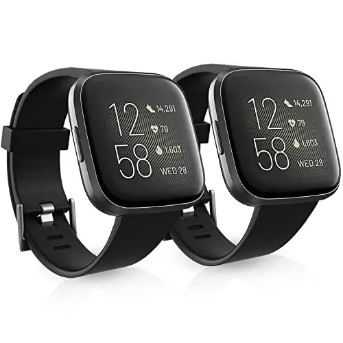 2 Pack Waterproof Bands Compatible with Fitbit Versa 2 Bands for Women Men | Classic Soft Breathable Sports Replacement Wristbands, (black/black, Small 5.5''-7.1'') - 1