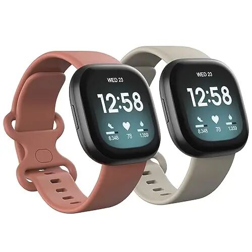 2 Pack Waterproof Bands Compatible with Fitbit Versa 4 / Versa 3 / Sense 2 | Classic Soft Breathable Sports Replacement Wristbands fit for Fitbit Sense Bands, (Almond/Pink, Large 7.1''-8.7'') - 2