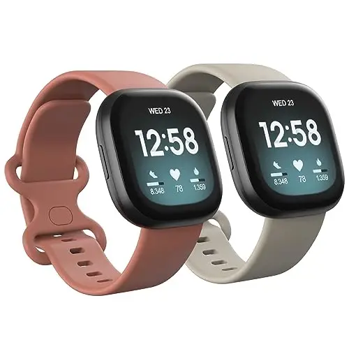 2 Pack Waterproof Bands Compatible with Fitbit Versa 4 / Versa 3 / Sense 2 | Classic Soft Breathable Sports Replacement Wristbands fit for Fitbit Sense Bands, (Almond/Pink, Large 7.1''-8.7'') - 1