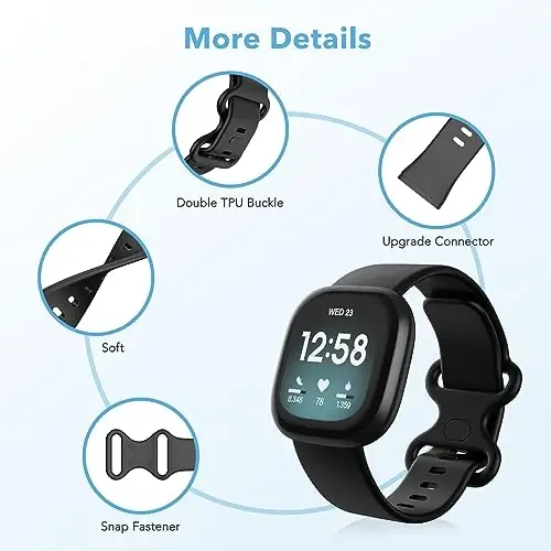 2 Pack Waterproof Bands Compatible with Fitbit Versa 4 / Versa 3 / Sense 2 | Classic Soft Breathable Sports Replacement Wristbands fit for Fitbit Sense Bands, (black/black, Large 7.1''-8.7'') - 4