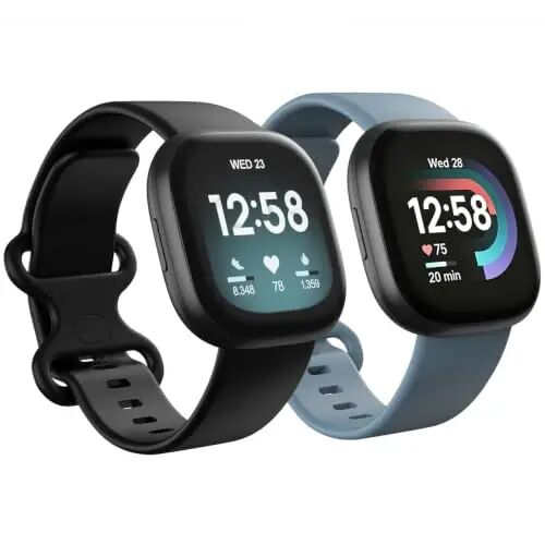 2 Pack Waterproof Bands Compatible with Fitbit Versa 4 / Versa 3 / Sense 2 | Classic Soft Breathable Sports Replacement Wristbands fit for Fitbit Sense Bands, (Black/Blue grey, Small 5.5''-7.1'') - 2