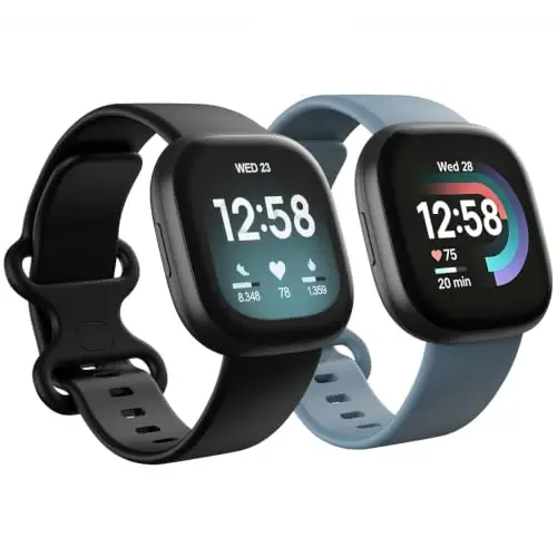 2 Pack Waterproof Bands Compatible with Fitbit Versa 4 / Versa 3 / Sense 2 | Classic Soft Breathable Sports Replacement Wristbands fit for Fitbit Sense Bands, (Black/Blue grey, Small 5.5''-7.1'') - 1
