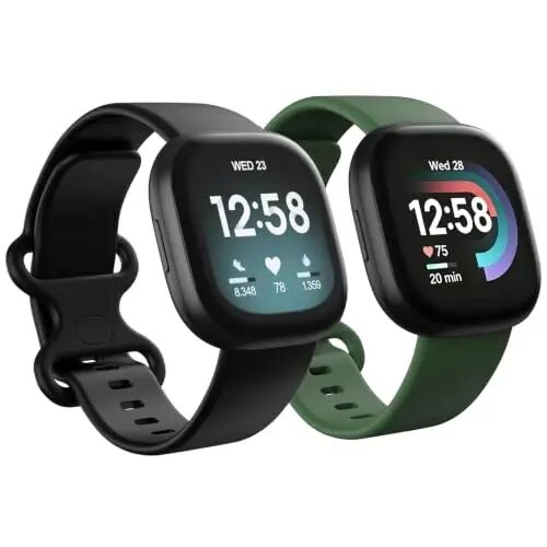 2 Pack Waterproof Bands Compatible with Fitbit Versa 4 / Versa 3 / Sense 2 | Classic Soft Breathable Sports Replacement Wristbands fit for Fitbit Sense Bands, (Black/Dark Green, Small 5.5''-7.1'') - 2