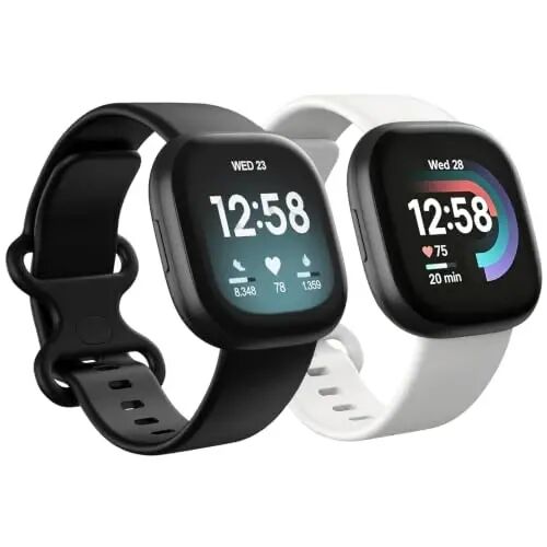 2 Pack Waterproof Bands Compatible with Fitbit Versa 4 / Versa 3 / Sense 2 | Classic Soft Breathable Sports Replacement Wristbands fit for Fitbit Sense Bands, (Black/White, Small 5.5''-7.1'') - 2