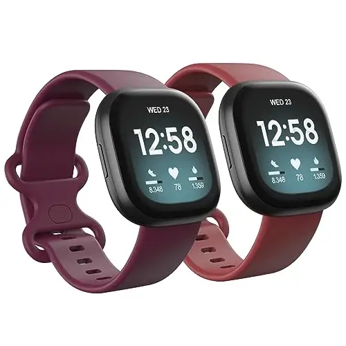 2 Pack Waterproof Bands Compatible with Fitbit Versa 4 / Versa 3 / Sense 2 | Classic Soft Breathable Sports Replacement Wristbands fit for Fitbit Sense Bands, (Purple/Red, Small 5.5''-7.1'') - 1