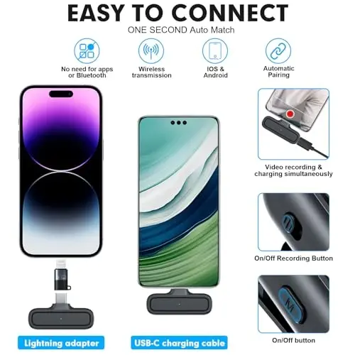 2-Pack Wireless Lavalier Microphone for iPhone Android - Plug and Play Noise Reduction Clip-on Mic with Charging Case, for Vlogging YouTube Live Streaming Zoom Meetings Video Recording Youtuber - 3