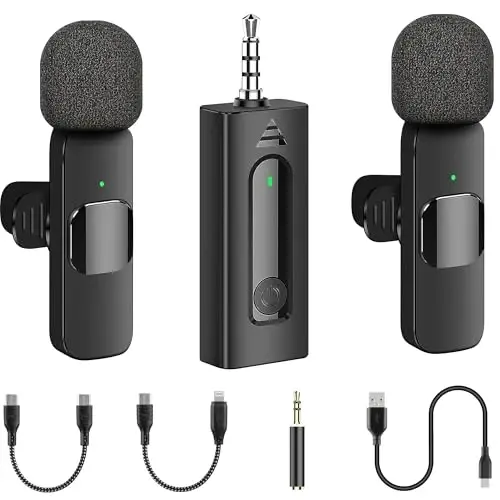 2 Pack Wireless Mini Lavalier Lapel Microphone for iPhone,Android Device(4 in 1) - 65ft Cordless Clip on Dual Mics with Noise Reduction 6H Working Time for Video Recording Vlogging, YouTube, Interview - 1