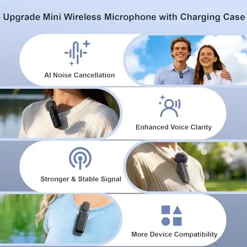 2-Pack Wireless Mini Lavalier Lapel Microphone for iPhone,Android Phone w/ Charging Case - 65ft Cordless Clip on Dual Mics with Noise Reduction 6H Working Time for Video Recording Vlogging,YouTube - 2