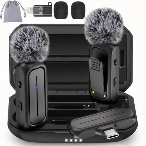 2-Pack Wireless Mini Lavalier Lapel Microphone for iPhone,Android Phone w/ Charging Case - 65ft Cordless Clip on Dual Mics with Noise Reduction 6H Working Time for Video Recording Vlogging,YouTube - 1