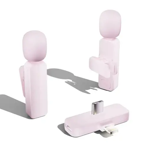 2 Pack Wireless Mini Lavalier Lapel Microphone for iPhone,Android Phone(2 in 1) - 65ft Cordless Clip on Dual Mics with Noise Reduction 6H Working Time for Video Recording Vlogging, YouTube, (Pink) 
