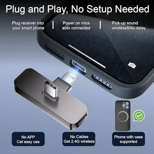 2 Pack Wireless Mini Lavalier Lapel Microphone for iPhone,Android Phone(2 in 1) - 80ft Cordless Clip on Dual Mics with Noise Reduction 5H Working Time for Video Recording Vlogging, YouTube, Interview - 3