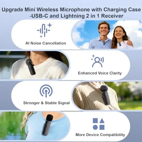 2 Pack Wireless Mini Lavalier Lapel Microphone for iPhone,Android Phone(2 in 1) w/case - 65ft Cordless Clip on Dual Mics with Noise Reduction 6H Working Time for Video Recording Vlogging, YouTube - 1