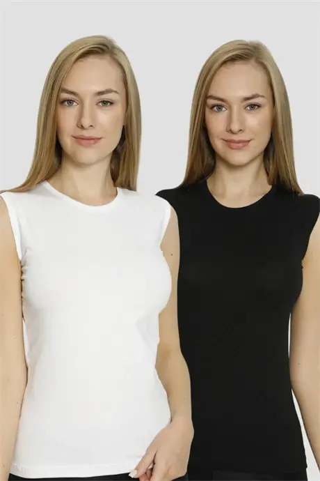 2-Pack Women's Bike Neck Sleeveless T-Shirt Body Licra White - Black - BÜYÜKBEDENIZ