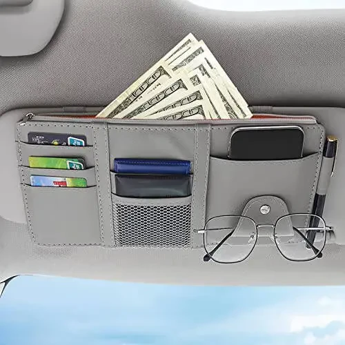 2 Packs Gray Car Sun Visor Organizer, Sunglasses Holders for Car Sun Visor, PU Leather, Auto Interior Accessories Storage Travel Document Holder with Multi Pocket - 4