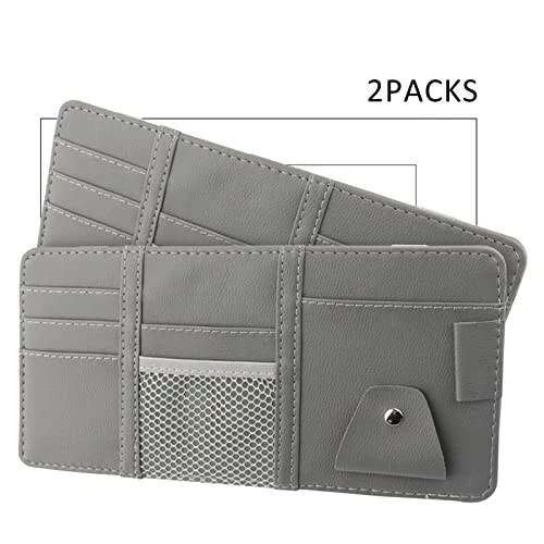 2 Packs Gray Car Sun Visor Organizer, Sunglasses Holders for Car Sun Visor, PU Leather, Auto Interior Accessories Storage Travel Document Holder with Multi Pocket - 5