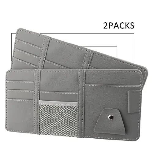 2 Packs Gray Car Sun Visor Organizer, Sunglasses Holders for Car Sun Visor, PU Leather, Auto Interior Accessories Storage Travel Document Holder with Multi Pocket - 5