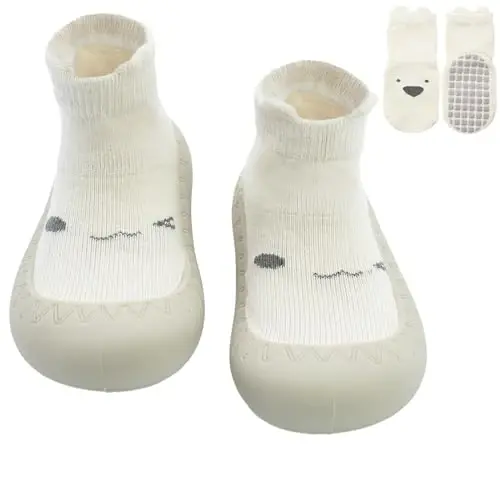 2 Pair Baby Caroon Non-slip Shoes, Baby slippers Shoes for Boys Girls Walkers Shoes Soft Rubber Grippers with Baby slippers, Khaki, White, Pink, Blue Infant First Walking Shoes 6-12,12-18, 18-24 Months - 1