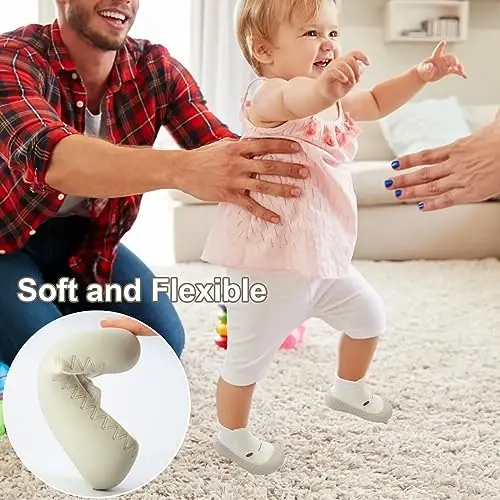 2 Pair Baby Caroon Non-slip Shoes, Baby slippers Shoes for Boys Girls Walkers Shoes Soft Rubber Grippers with Baby slippers, Khaki, White, Pink, Blue Infant First Walking Shoes 6-12,12-18, 18-24 Months - 4