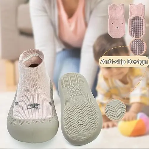 2 Pair Caroon Non-slip Baby Shoes, Slippers for Boys & Girls - Soft Rubber Grippers, Khaki, White, Pink, Blue - Infant First Walking Shoes, 6-12, 12-18, 18-24 Months - 5