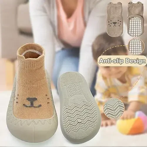 2 Pair Caroon Non-slip Baby Shoes, Slippers for Boys & Girls - Soft Rubber Grippers, Khaki, White, Pink, Blue - Infant First Walking Shoes, 6-12, 12-18, 18-24 Months - 3